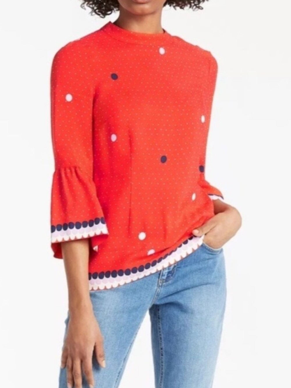 Boden Armelle Spot Top Red Polka Dot Bell-Sleeve Tee US 10 Large